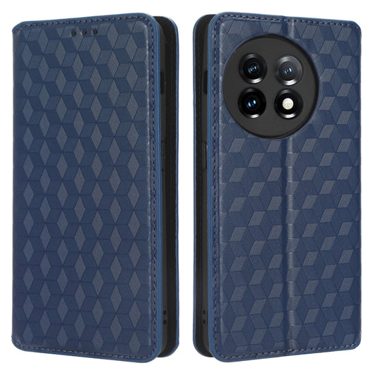 For OnePlus 11 5G Anti-scratch Protective Phone Case Stand Wallet Imprinted Rhombus Pattern PU Leather Phone Cover - Blue