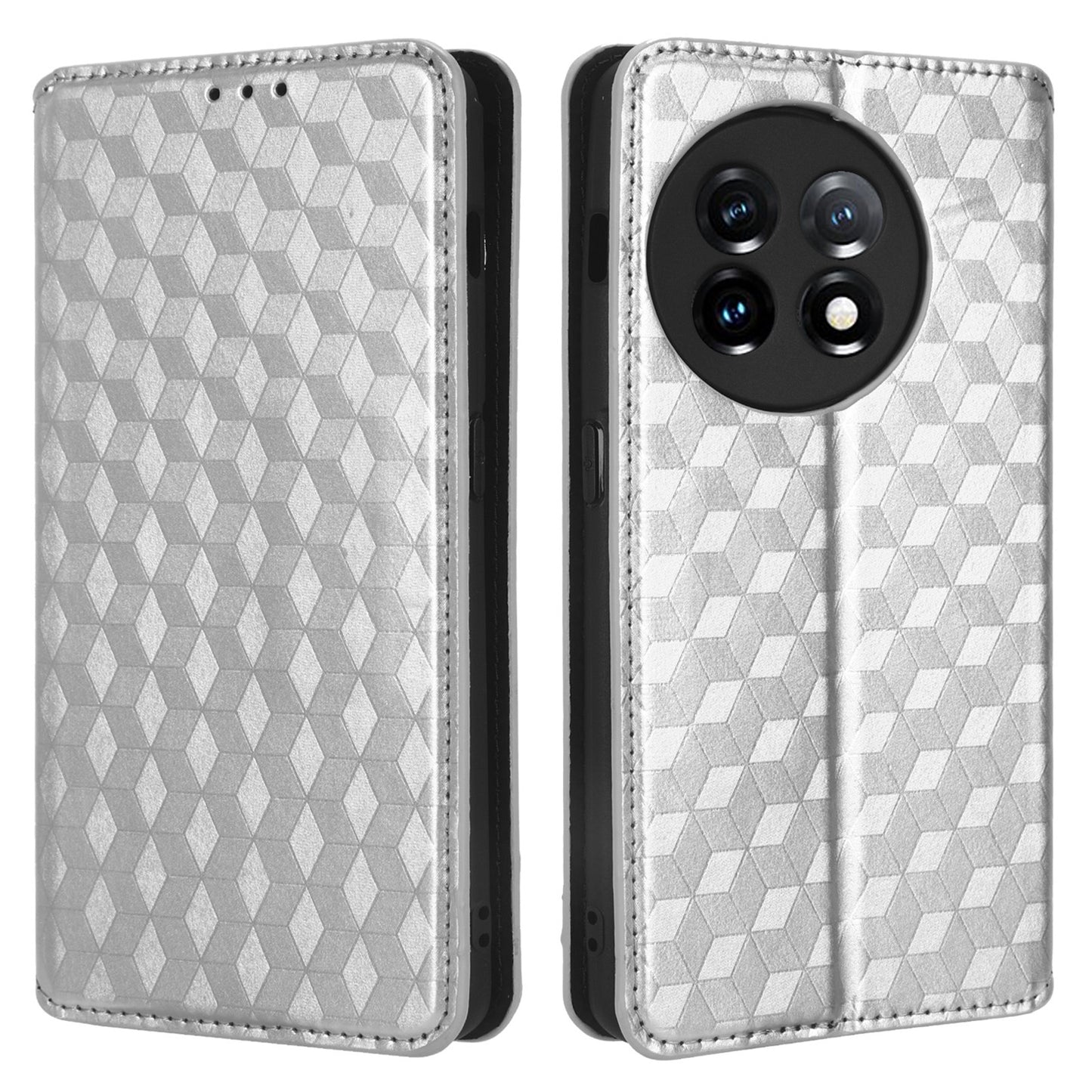 For OnePlus 11 5G Anti-scratch Protective Phone Case Stand Wallet Imprinted Rhombus Pattern PU Leather Phone Cover - Silver