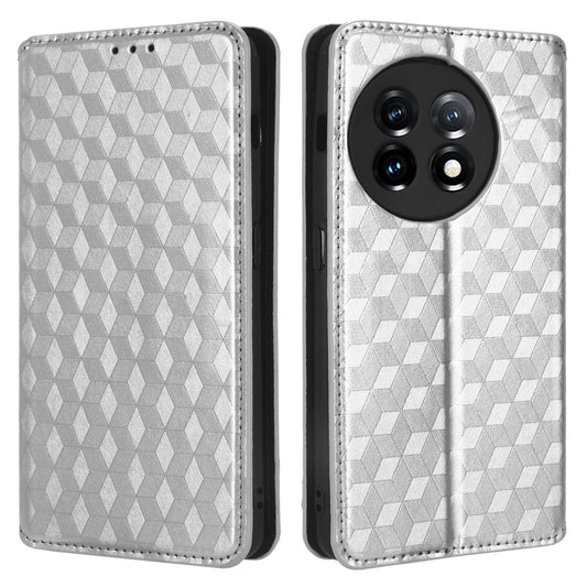 For OnePlus 11 5G Anti-scratch Protective Phone Case Stand Wallet Imprinted Rhombus Pattern PU Leather Phone Cover - Silver