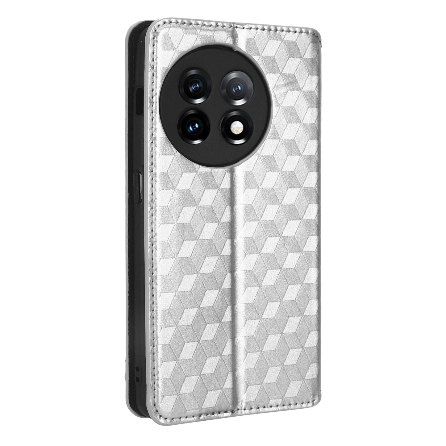 For OnePlus 11 5G Anti-scratch Protective Phone Case Stand Wallet Imprinted Rhombus Pattern PU Leather Phone Cover - Silver