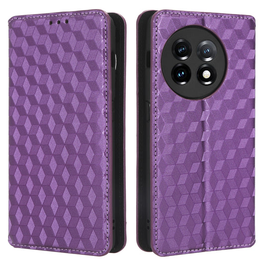 For OnePlus 11 5G Anti-scratch Protective Phone Case Stand Wallet Imprinted Rhombus Pattern PU Leather Phone Cover - Purple