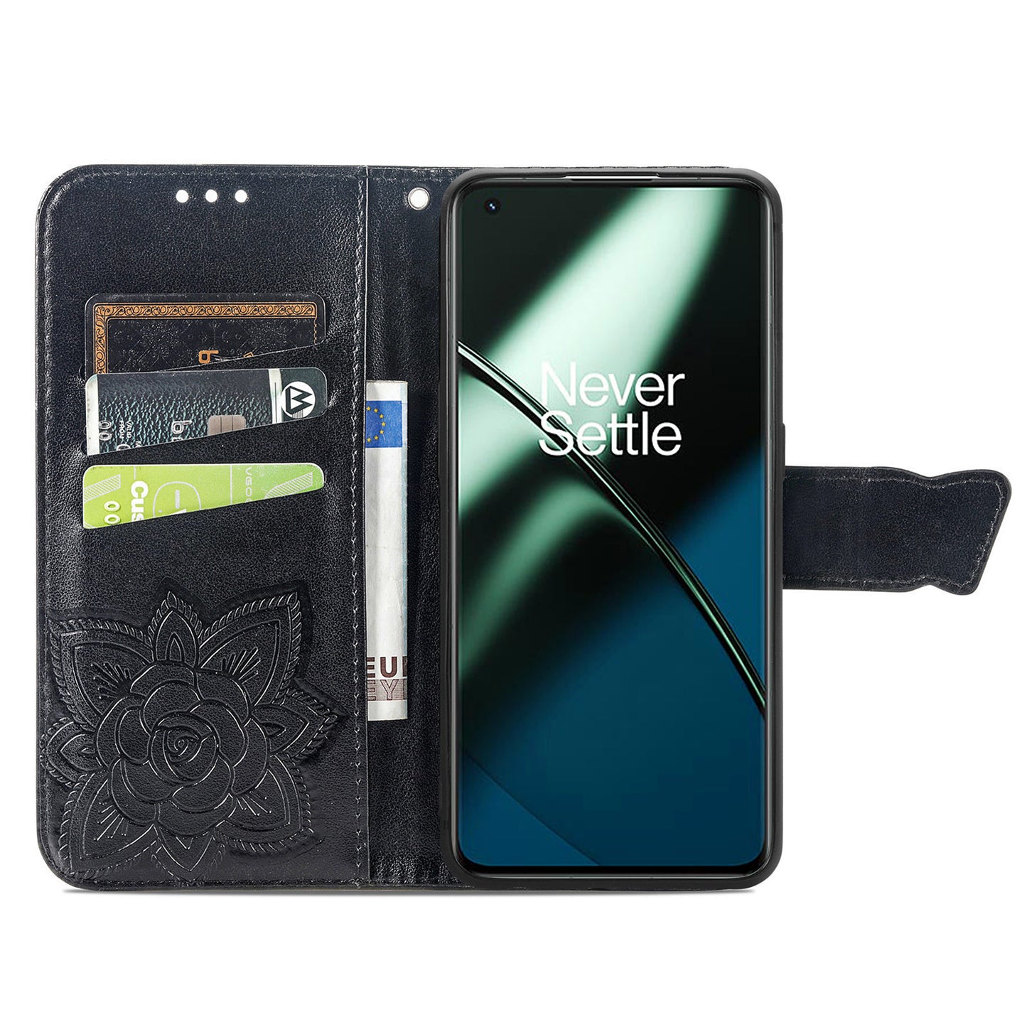 For OnePlus 11 5G PU Leather Shockproof Phone Case Imprinted Butterfly Flip Stand Wallet Cover - Black