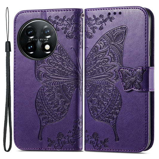 For OnePlus 11 5G PU Leather Shockproof Phone Case Imprinted Butterfly Flip Stand Wallet Cover - Purple