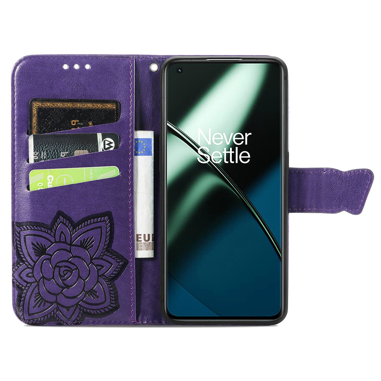 For OnePlus 11 5G PU Leather Shockproof Phone Case Imprinted Butterfly Flip Stand Wallet Cover - Purple