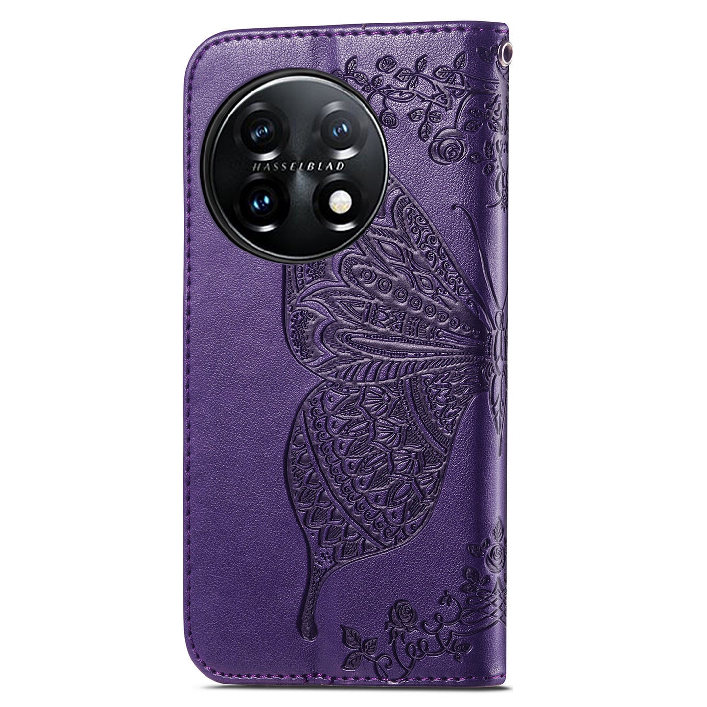 For OnePlus 11 5G PU Leather Shockproof Phone Case Imprinted Butterfly Flip Stand Wallet Cover - Purple
