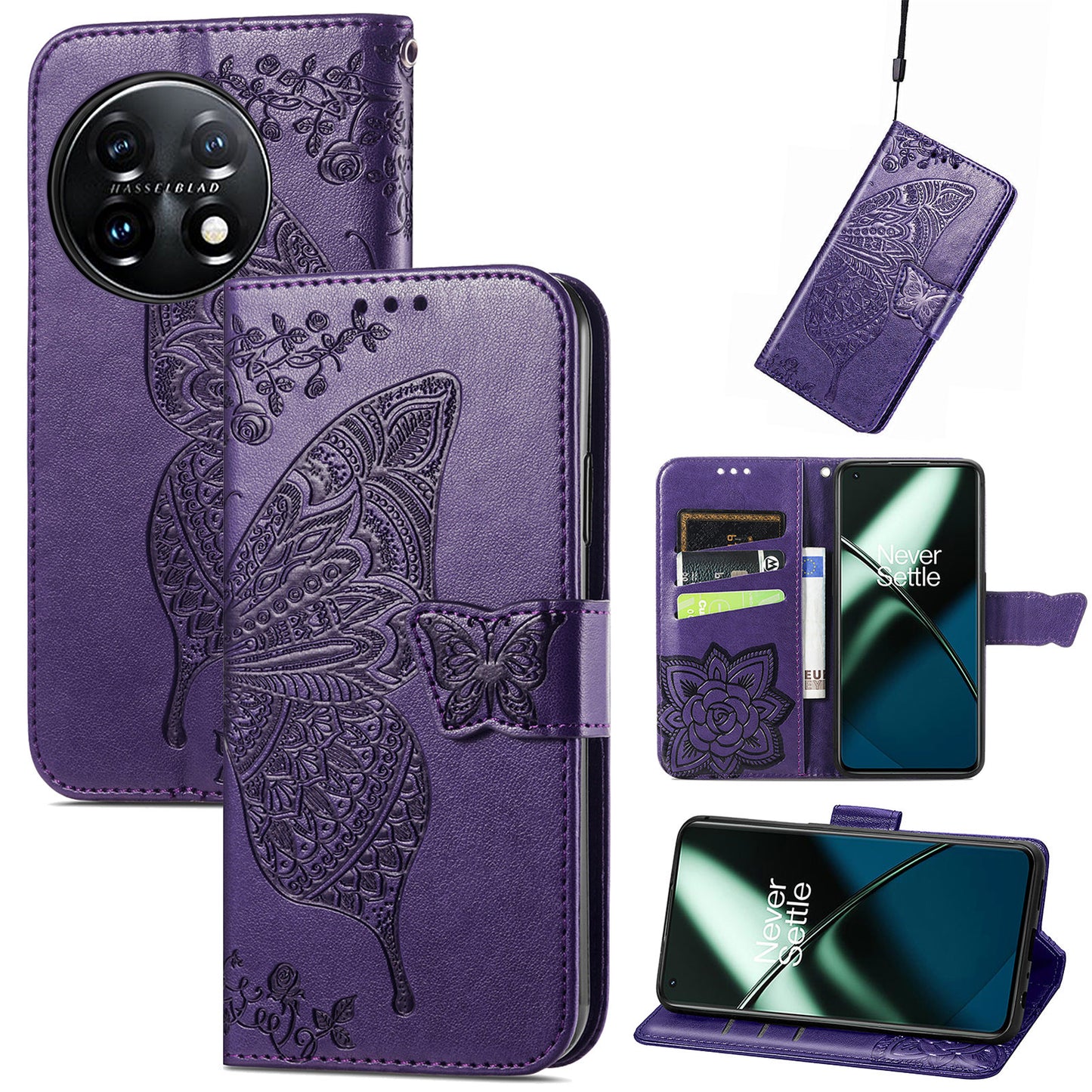 For OnePlus 11 5G PU Leather Shockproof Phone Case Imprinted Butterfly Flip Stand Wallet Cover - Purple