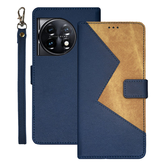 IDEWEI For OnePlus 11 5G Color Splicing Leather Magnetic Cover Phone Case with Card Slots and Wrist Strap - Blue
