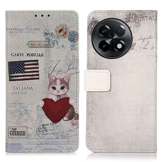 For OnePlus Ace 2 5G / 11R 5G Pattern Printing Phone Case Wallet Stand PU Leather Protective Phone Cover -  Cat and Heart