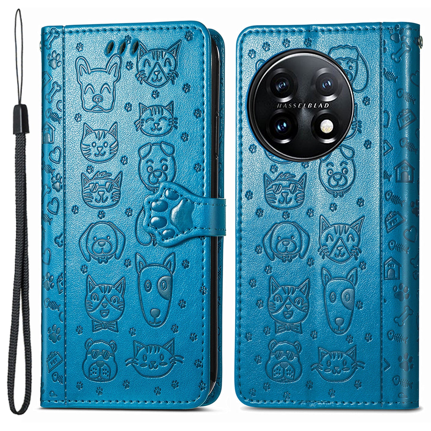 For OnePlus 11 5G Magnetic Wallet Case PU Leather Cat Dog Pattern Flip Protective Phone Cover with Stand - Blue