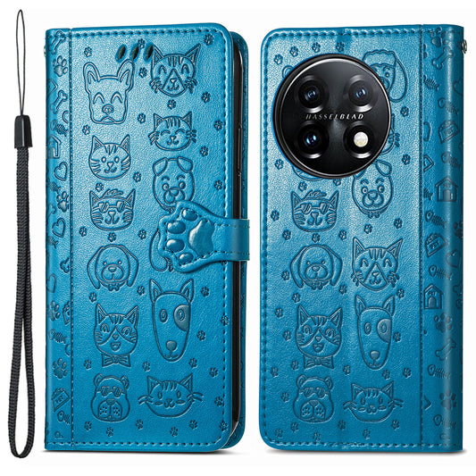 For OnePlus 11 5G Magnetic Wallet Case PU Leather Cat Dog Pattern Flip Protective Phone Cover with Stand - Blue