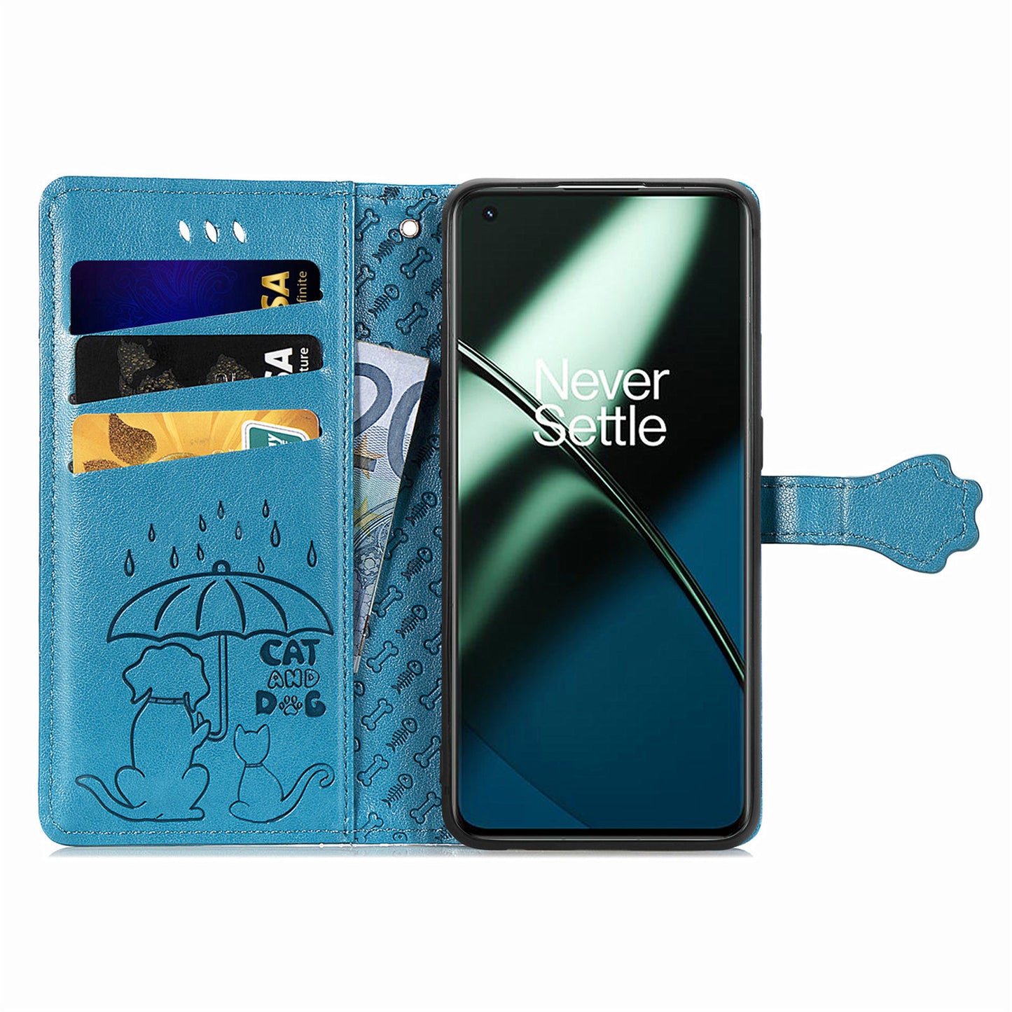 For OnePlus 11 5G Magnetic Wallet Case PU Leather Cat Dog Pattern Flip Protective Phone Cover with Stand - Blue