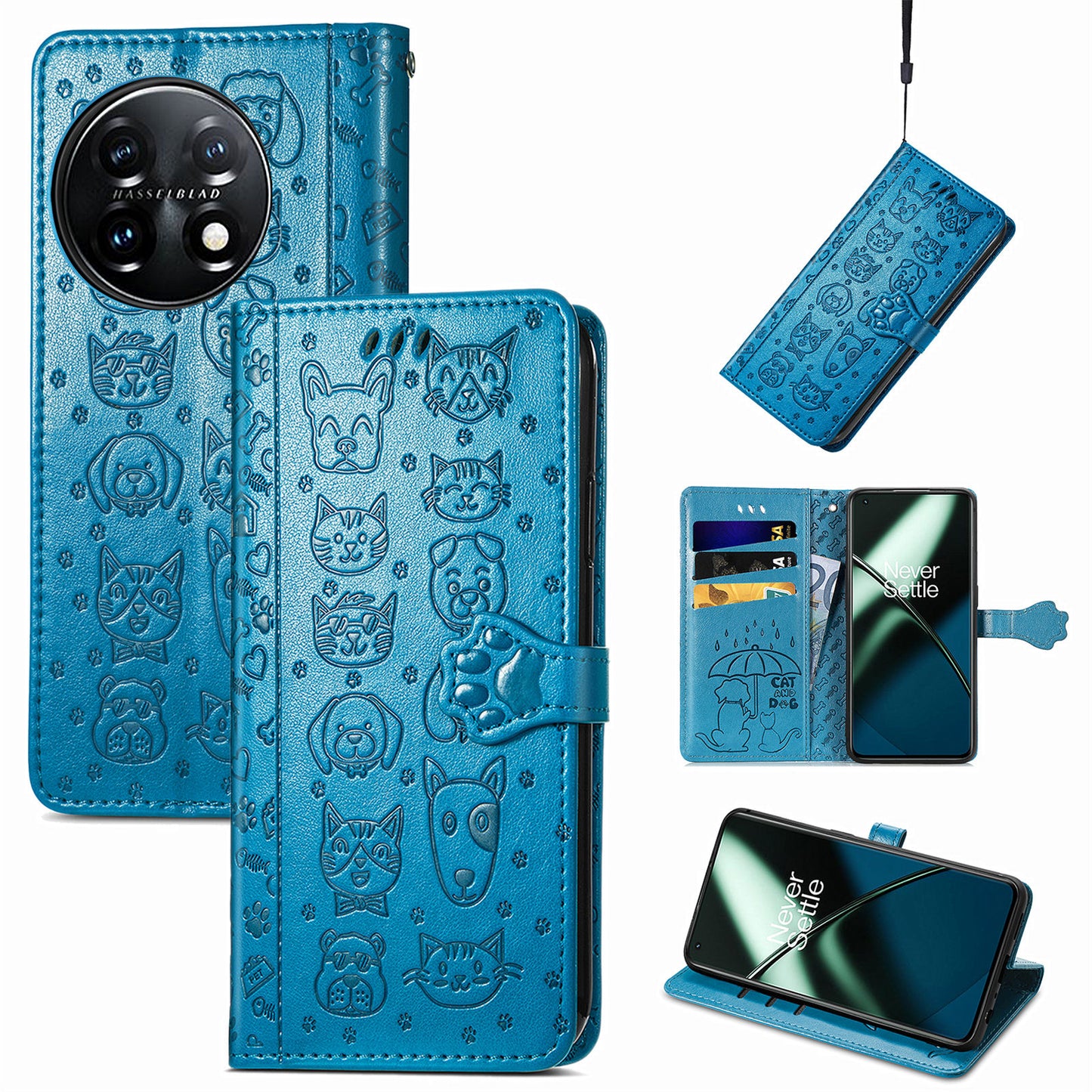 For OnePlus 11 5G Magnetic Wallet Case PU Leather Cat Dog Pattern Flip Protective Phone Cover with Stand - Blue