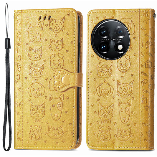 For OnePlus 11 5G Magnetic Wallet Case PU Leather Cat Dog Pattern Flip Protective Phone Cover with Stand - Yellow