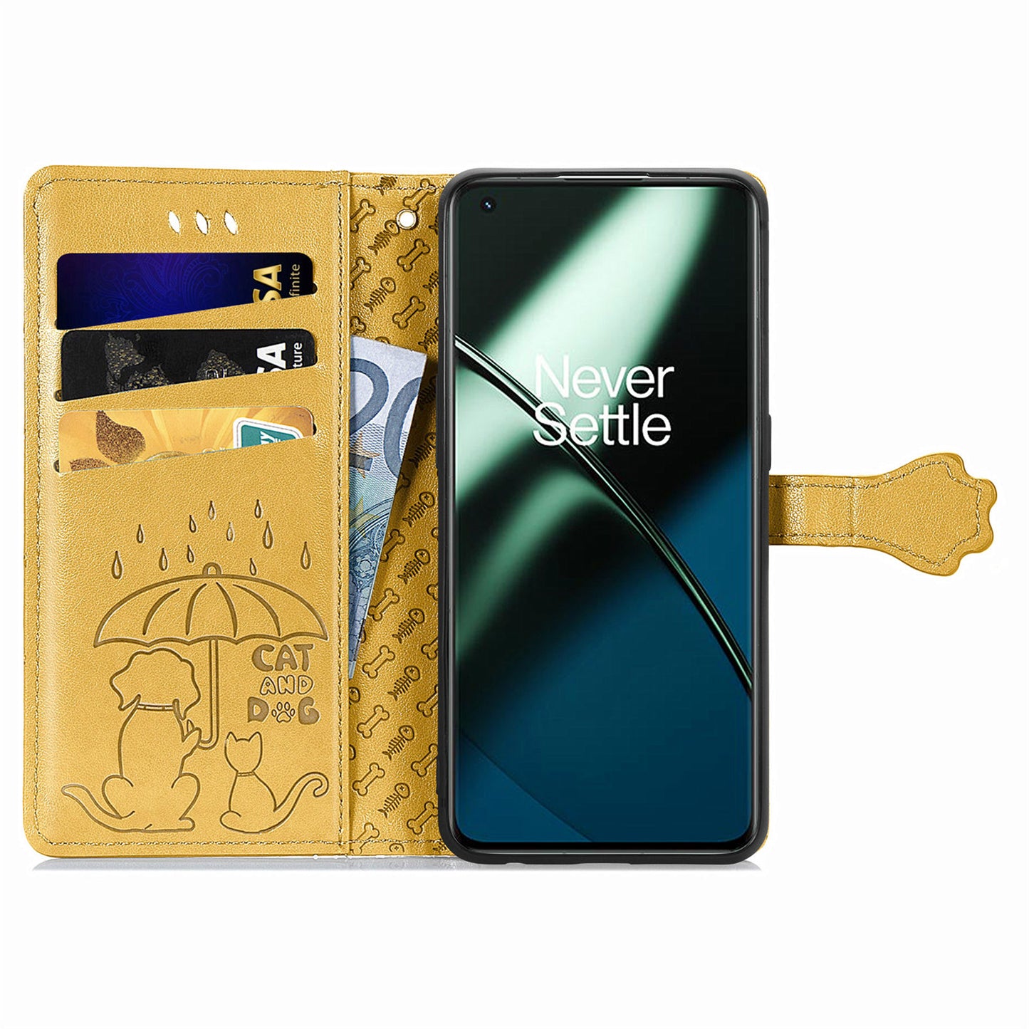 For OnePlus 11 5G Magnetic Wallet Case PU Leather Cat Dog Pattern Flip Protective Phone Cover with Stand - Yellow
