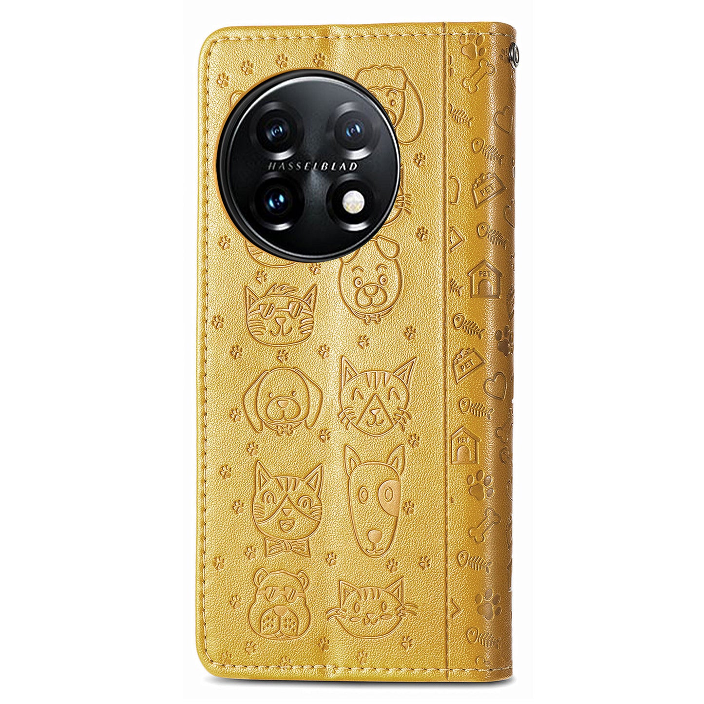 For OnePlus 11 5G Magnetic Wallet Case PU Leather Cat Dog Pattern Flip Protective Phone Cover with Stand - Yellow
