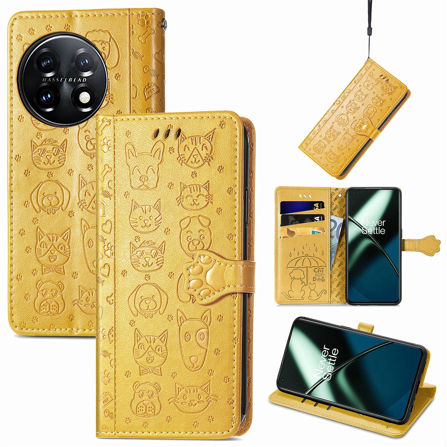 For OnePlus 11 5G Magnetic Wallet Case PU Leather Cat Dog Pattern Flip Protective Phone Cover with Stand - Yellow