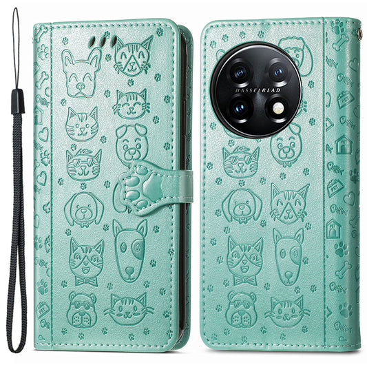 For OnePlus 11 5G Magnetic Wallet Case PU Leather Cat Dog Pattern Flip Protective Phone Cover with Stand - Green