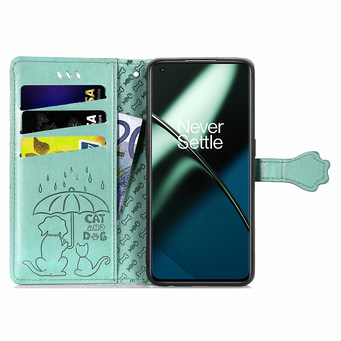 For OnePlus 11 5G Magnetic Wallet Case PU Leather Cat Dog Pattern Flip Protective Phone Cover with Stand - Green