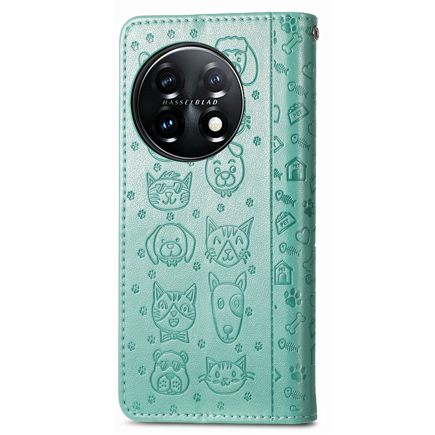 For OnePlus 11 5G Magnetic Wallet Case PU Leather Cat Dog Pattern Flip Protective Phone Cover with Stand - Green