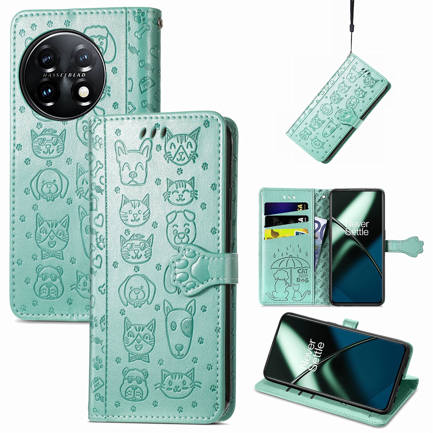 For OnePlus 11 5G Magnetic Wallet Case PU Leather Cat Dog Pattern Flip Protective Phone Cover with Stand - Green