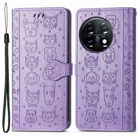 For OnePlus 11 5G Magnetic Wallet Case PU Leather Cat Dog Pattern Flip Protective Phone Cover with Stand - Purple