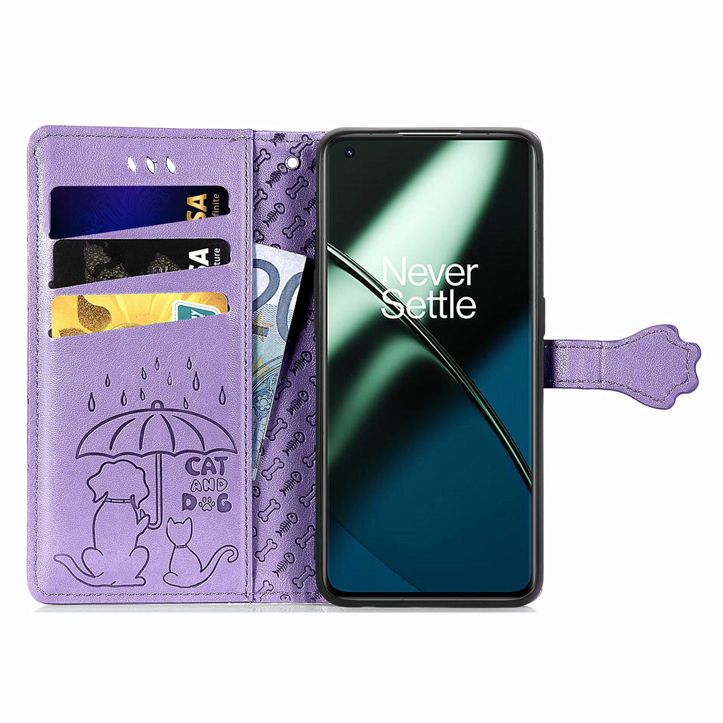 For OnePlus 11 5G Magnetic Wallet Case PU Leather Cat Dog Pattern Flip Protective Phone Cover with Stand - Purple