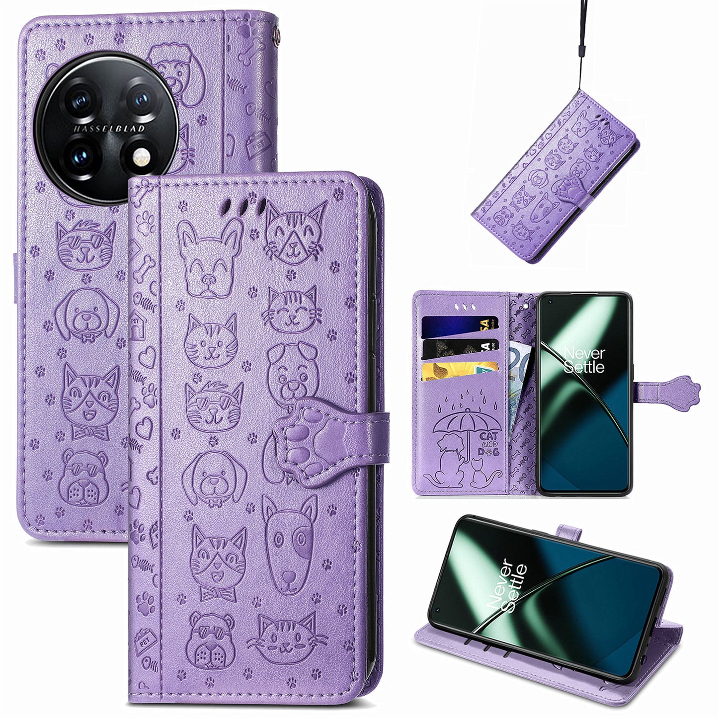 For OnePlus 11 5G Magnetic Wallet Case PU Leather Cat Dog Pattern Flip Protective Phone Cover with Stand - Purple