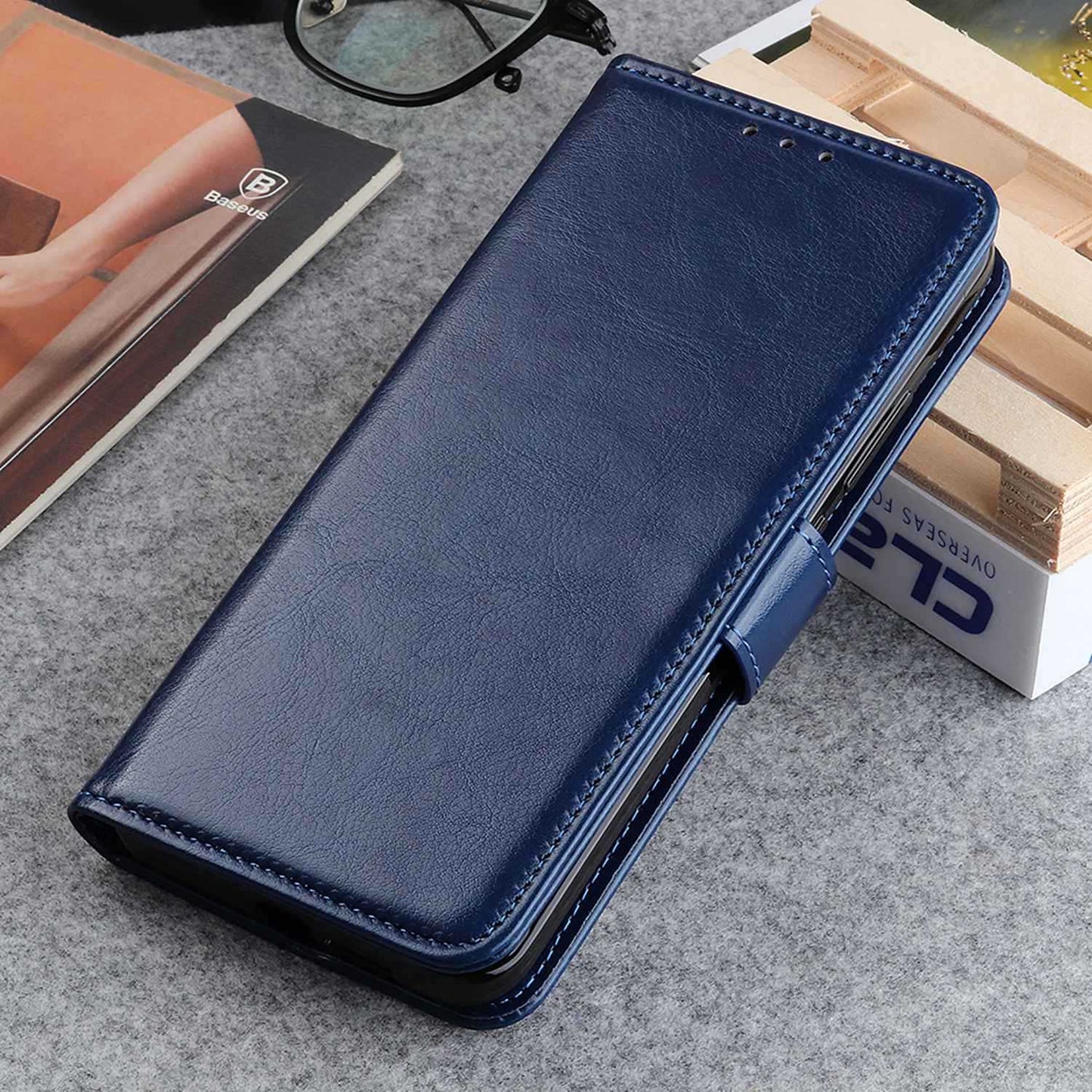 Cell Phone Case for OnePlus Ace 2 5G / 11R 5G , Flip PU Leather Crazy Horse Texture Wallet Stand Phone Cover - Blue