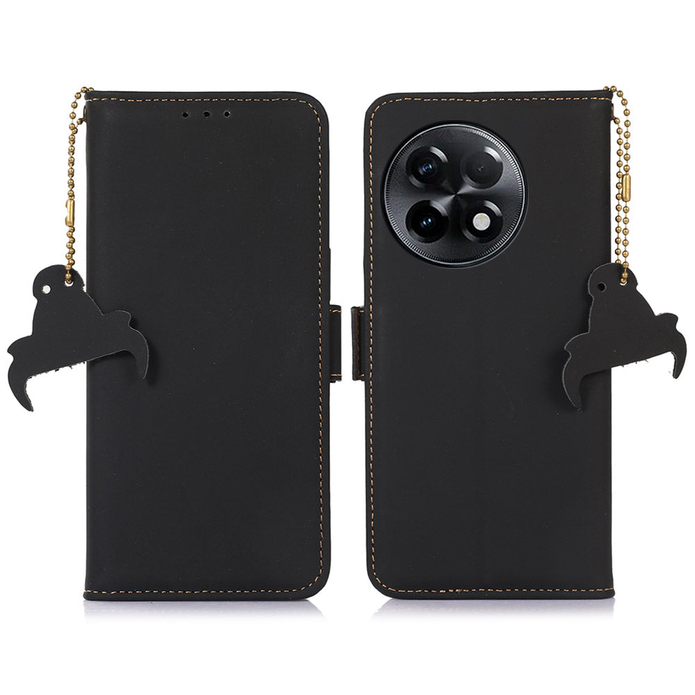 For OnePlus Ace 2 5G / 11R 5G Phone Case Genuine Cow Leather Wallet RFID Blocking Stand Magnetic Flip Cover - Black