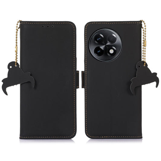 For OnePlus Ace 2 5G / 11R 5G Phone Case Genuine Cow Leather Wallet RFID Blocking Stand Magnetic Flip Cover - Black