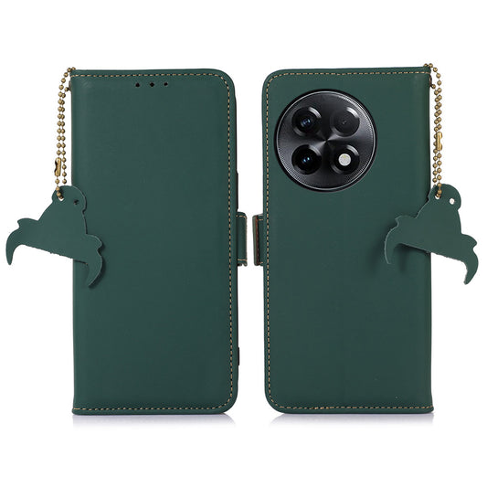 For OnePlus Ace 2 5G / 11R 5G Phone Case Genuine Cow Leather Wallet RFID Blocking Stand Magnetic Flip Cover - Green