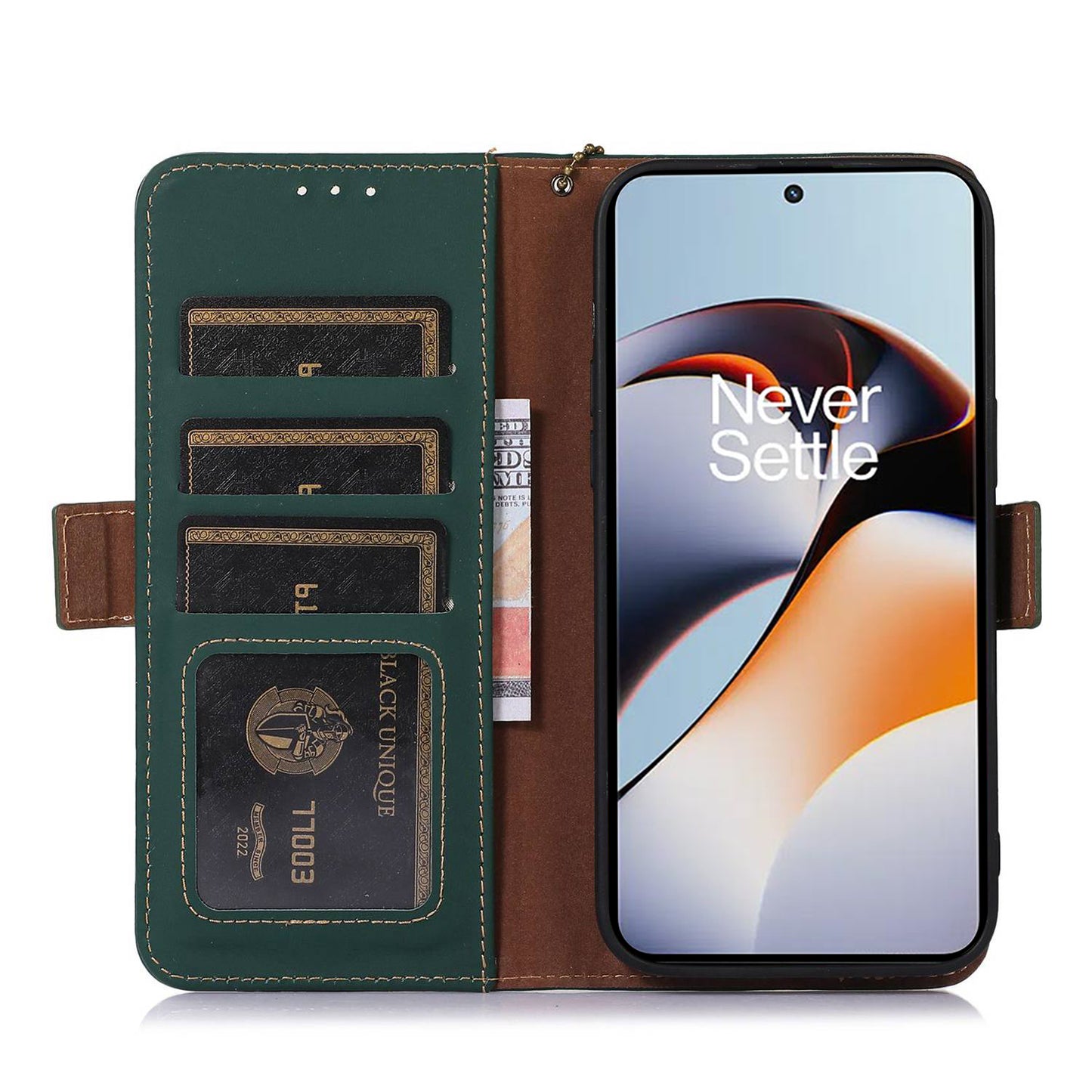 For OnePlus Ace 2 5G / 11R 5G Phone Case Genuine Cow Leather Wallet RFID Blocking Stand Magnetic Flip Cover - Green