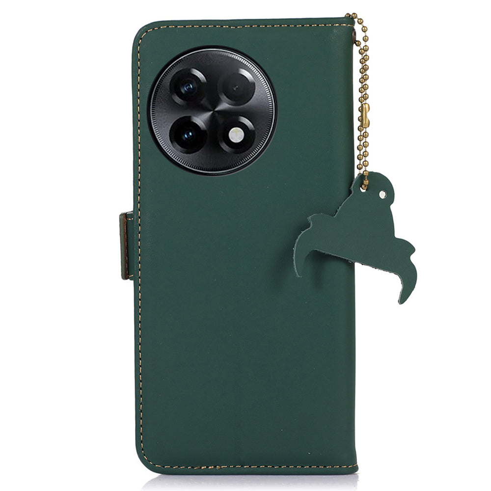 For OnePlus Ace 2 5G / 11R 5G Phone Case Genuine Cow Leather Wallet RFID Blocking Stand Magnetic Flip Cover - Green