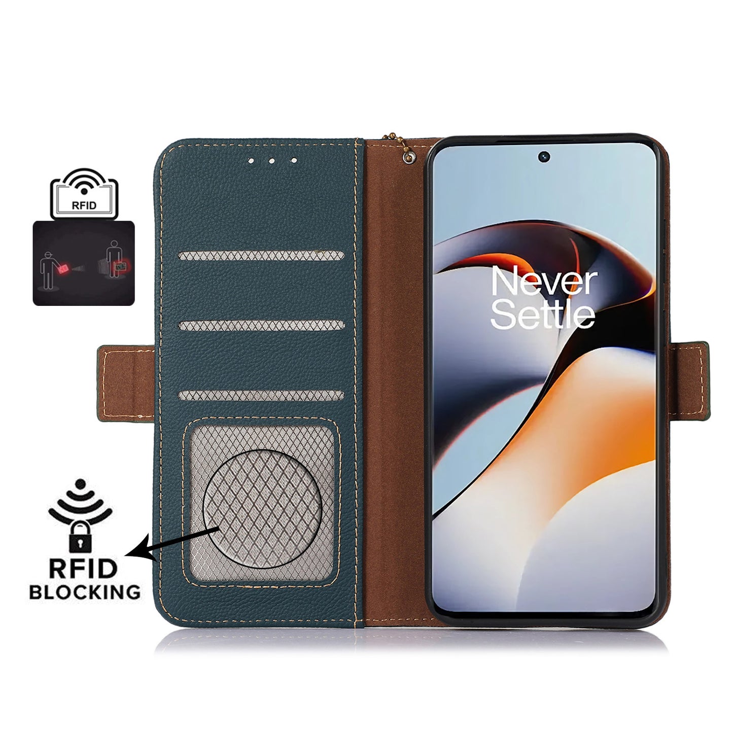 TJ for OnePlus Ace 2 5G / 11R 5G Wallet Phone Cover RFID Blocking Genuine Cow Leather Stand Protective Phone Case - Green