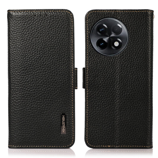 KHAZNEH For OnePlus Ace 2 5G / 11R 5G Stand Wallet Phone Case RFID Blocking Genuine Cow Leather Protective Cover - Black