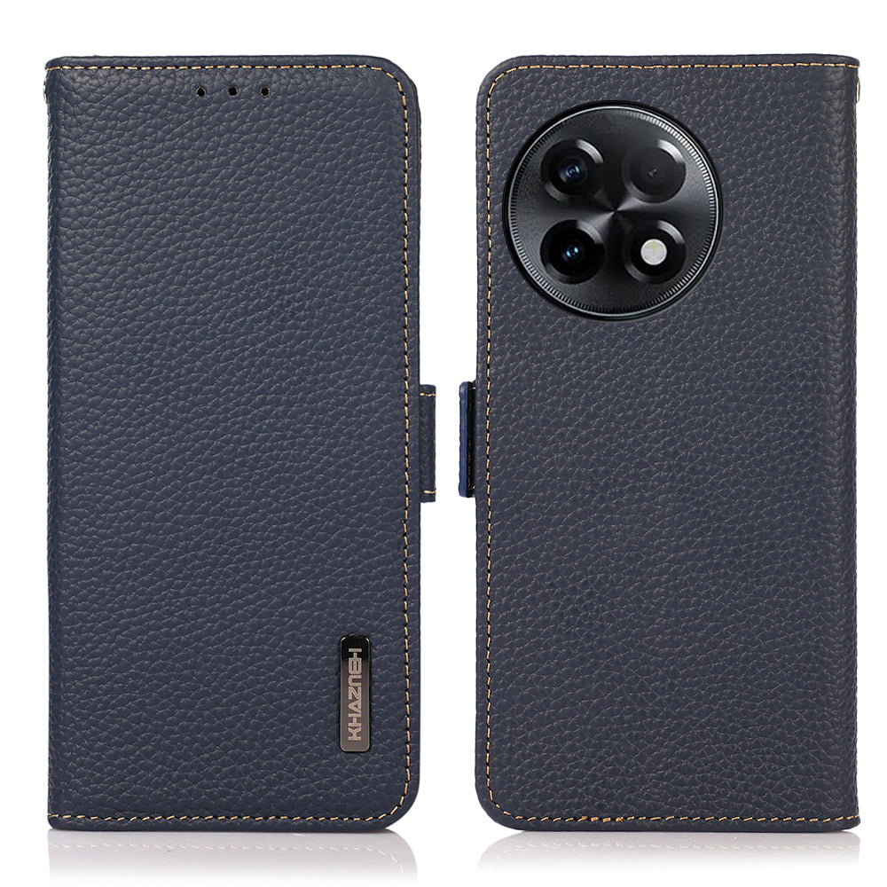KHAZNEH For OnePlus Ace 2 5G / 11R 5G Stand Wallet Phone Case RFID Blocking Genuine Cow Leather Protective Cover - Blue