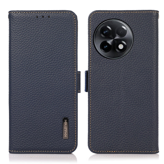 KHAZNEH For OnePlus Ace 2 5G / 11R 5G Stand Wallet Phone Case RFID Blocking Genuine Cow Leather Protective Cover - Blue