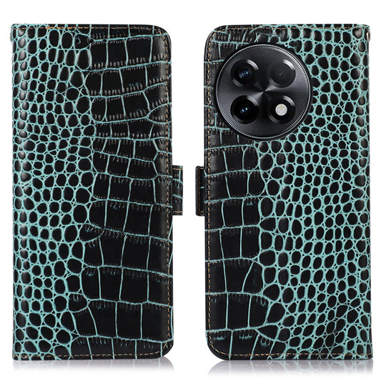 RFID Blocking Phone Case for OnePlus Ace 2 5G / 11R 5G Genuine Cowhide Leather Phone Stand Wallet Cover - Green