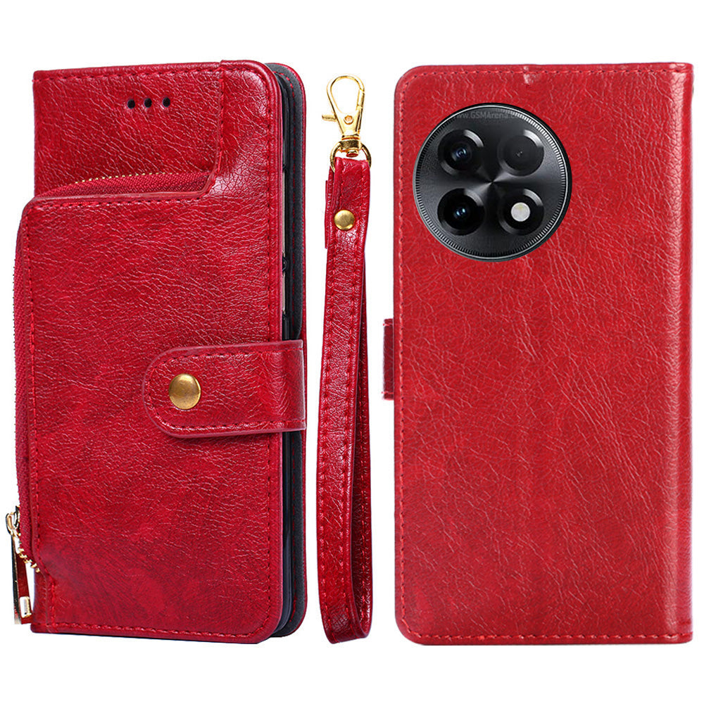 For OnePlus Ace 2 5G / 11R 5G Phone Wallet Case Zipper Pocket Leather Stand Phone Cover with Strap - Red