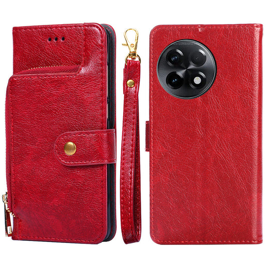For OnePlus Ace 2 5G / 11R 5G Phone Wallet Case Zipper Pocket Leather Stand Phone Cover with Strap - Red