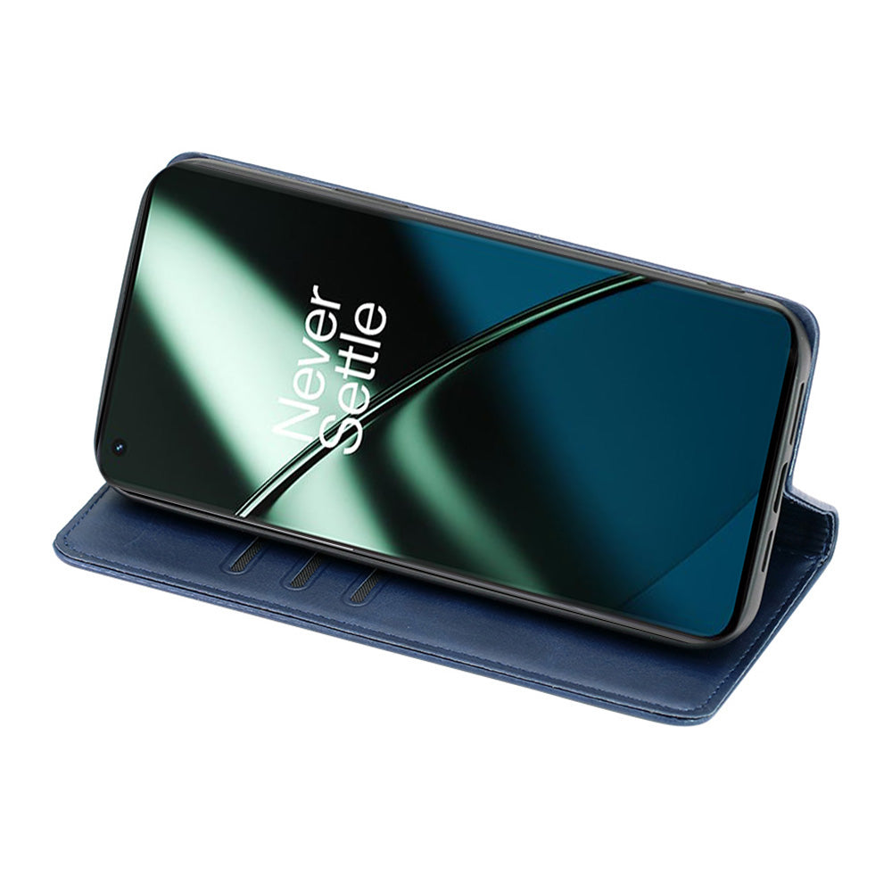 For OnePlus Ace 2 5G / 11R 5G Magnetic Auto-absorbed Leather Wallet Stand Phone Case Calf Texture Anti-drop Cover - Blue