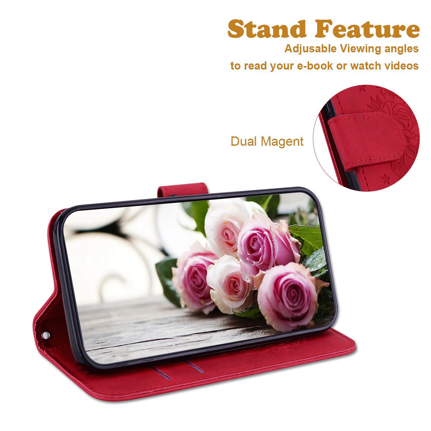 Phone Wallet Case for OnePlus 11 5G PU Leather Rose Butterfly Imprinted Stand Cell Phone Cover - Red