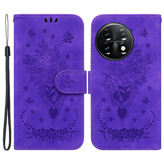 Phone Wallet Case for OnePlus 11 5G PU Leather Rose Butterfly Imprinted Stand Cell Phone Cover - Purple