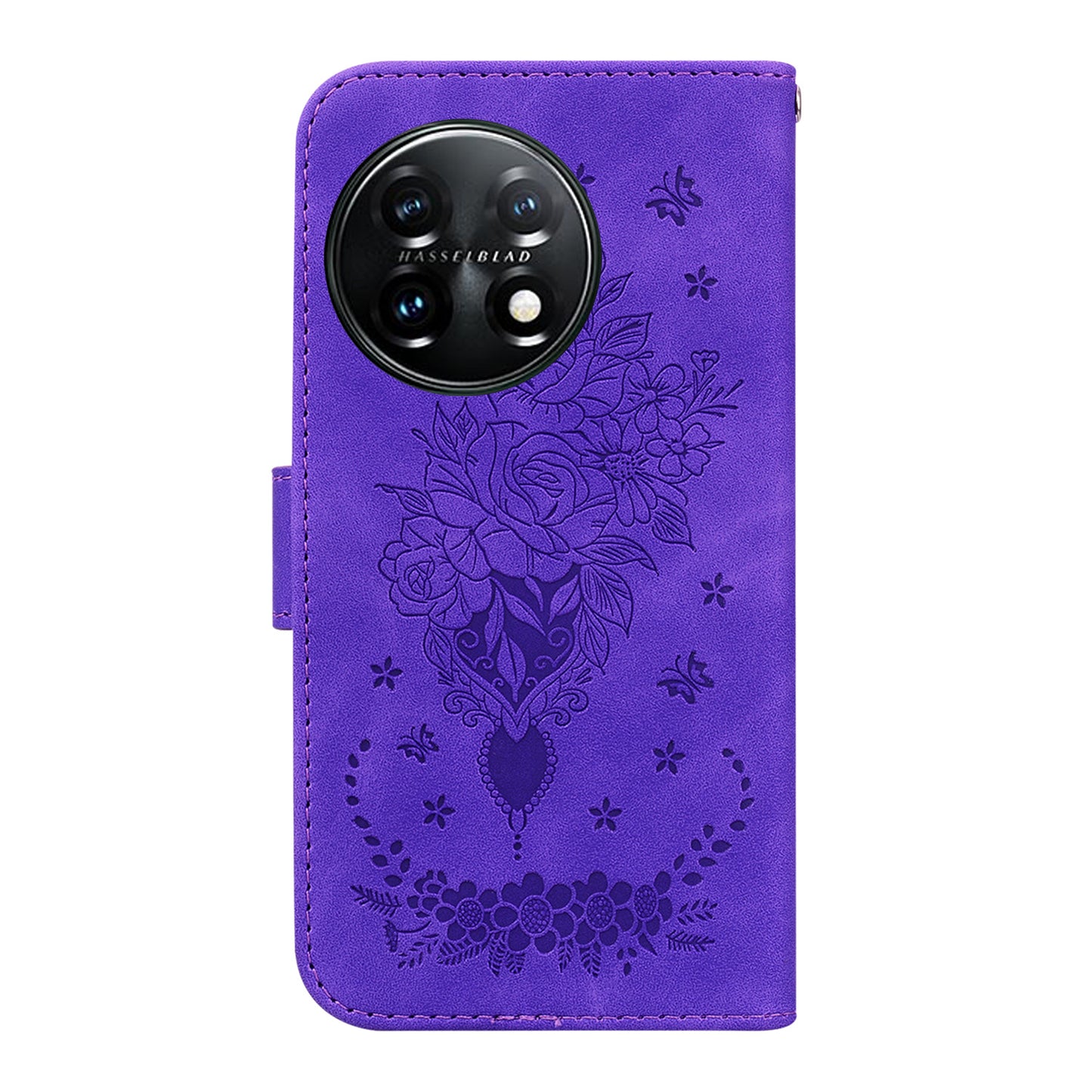Phone Wallet Case for OnePlus 11 5G PU Leather Rose Butterfly Imprinted Stand Cell Phone Cover - Purple
