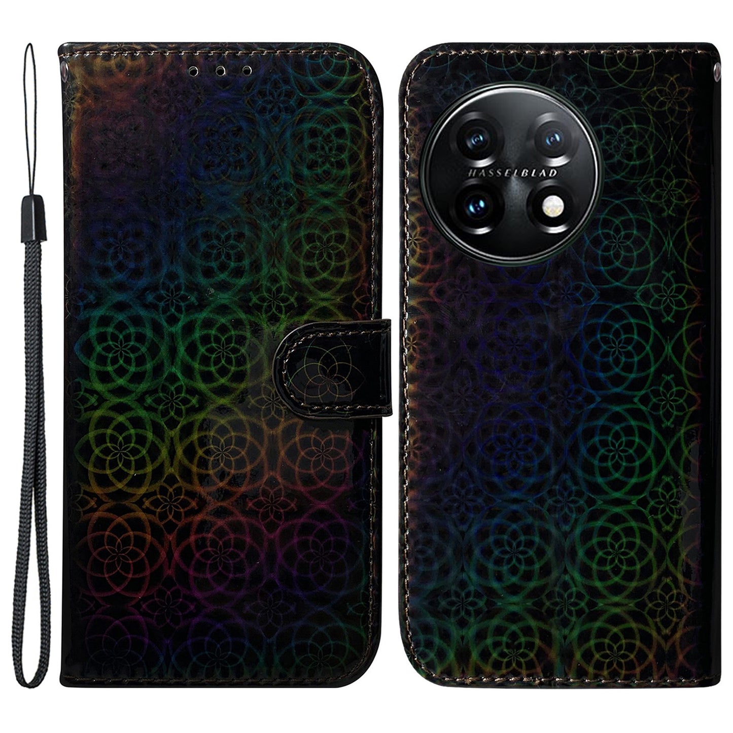 For OnePlus 11 5G Drop-proof Phone Case Dazzling Flower Pattern Wallet Stand PU Leather Phone Cover - Black