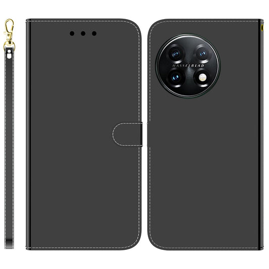 For OnePlus 11 5G Mirror-like Surface Phone Case Stand Wallet PU Leather Shockproof Cell Phone Cover - Black