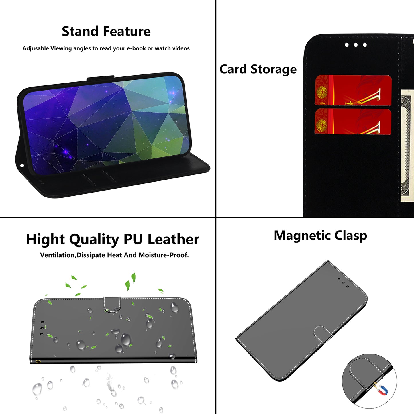 For OnePlus 11 5G Mirror-like Surface Phone Case Stand Wallet PU Leather Shockproof Cell Phone Cover - Black