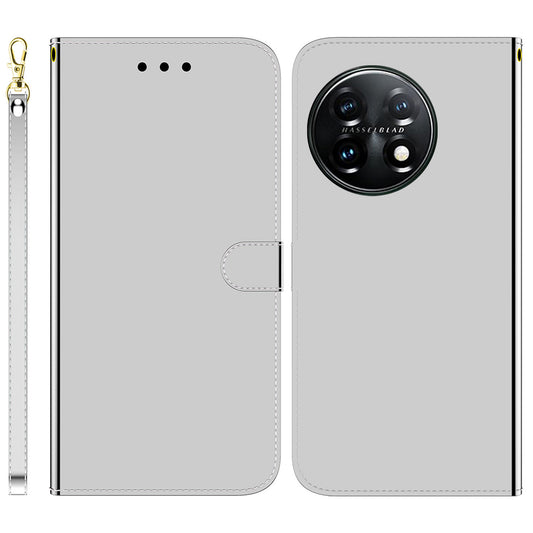 For OnePlus 11 5G Mirror-like Surface Phone Case Stand Wallet PU Leather Shockproof Cell Phone Cover - Silver