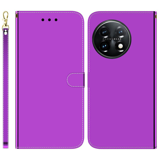 For OnePlus 11 5G Mirror-like Surface Phone Case Stand Wallet PU Leather Shockproof Cell Phone Cover - Purple