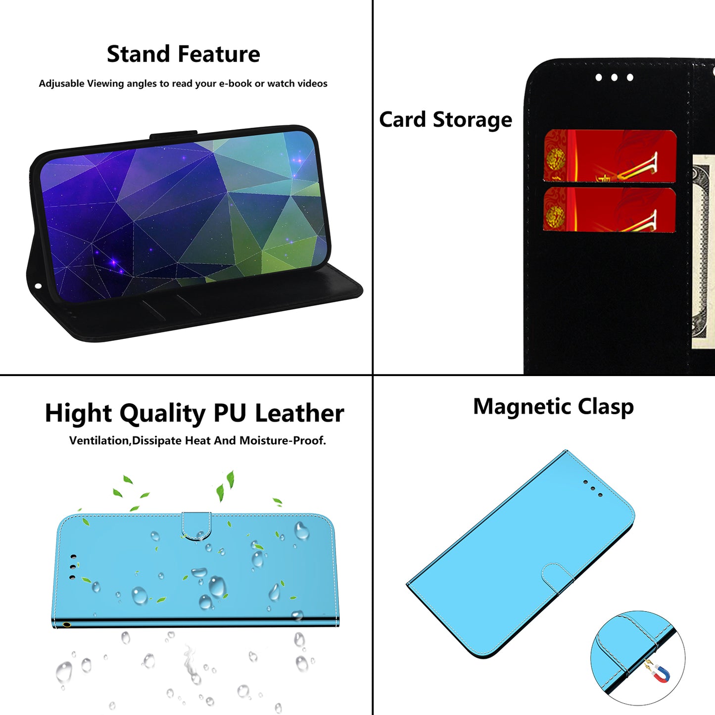 For OnePlus 11 5G Mirror-like Surface Phone Case Stand Wallet PU Leather Shockproof Cell Phone Cover - Blue